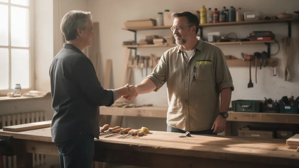 Artisan en bleu de travail qui serre la main d'un interlocuteur dans un atelier rangé, illustration de la relation de confiance entre un professionnel de terrain et son agence digitale