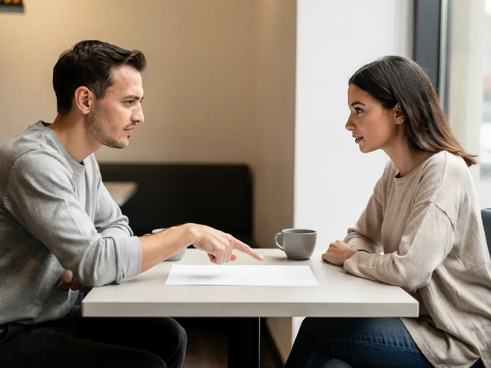 Un homme et une femme assis face à face à une petite table, l'un montrant un document à l'autre d'un geste précis, illustration d'un premier rendez-vous entre un artisan et un prestataire web