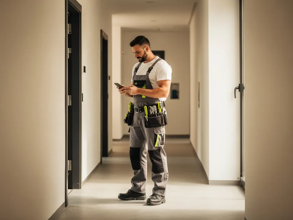 Plombier en combinaison de travail qui consulte son téléphone dans un couloir, illustrant un artisan qui vérifie sa visibilité locale sur internet entre deux interventions