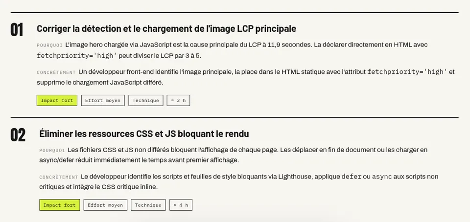 Rapport d'audit web structuré avec des priorités de correction listées sur un bureau