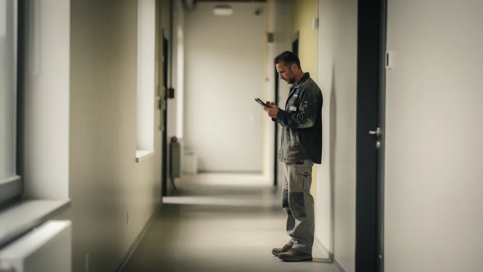 Artisan en veste de travail consultant son téléphone dans un couloir, illustration de la performance mobile d'un site web pour TPE