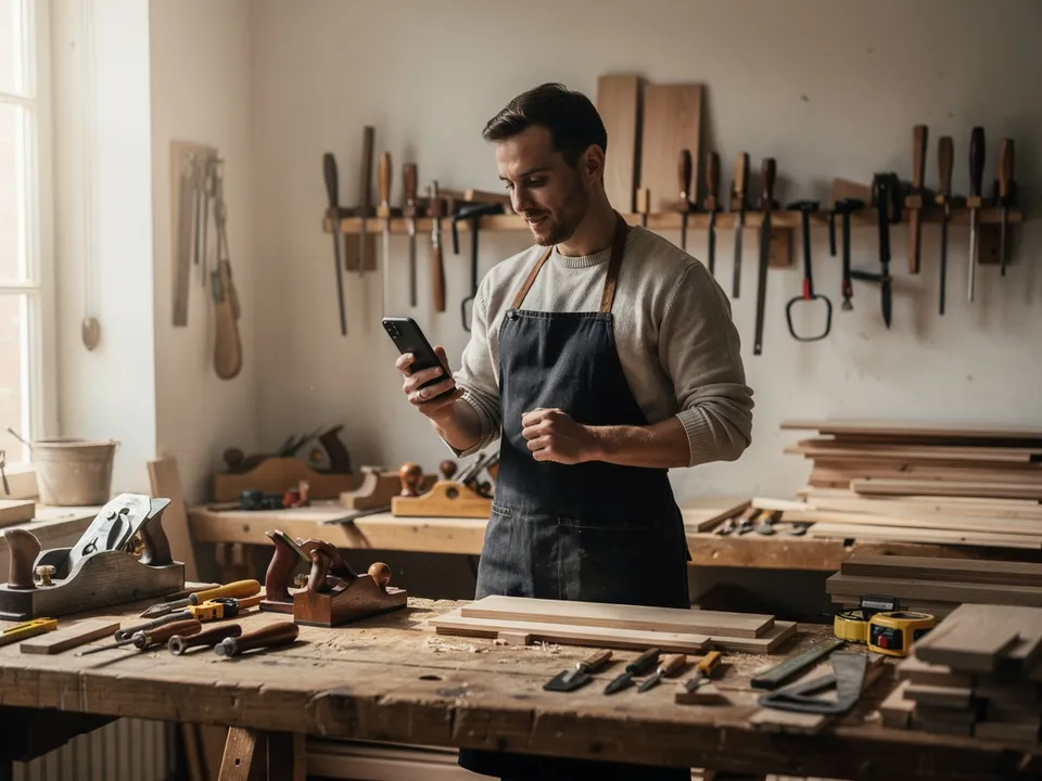Artisan dans son atelier consultant son téléphone, illustration de la présence en ligne et de la fiche Google pour les métiers manuels